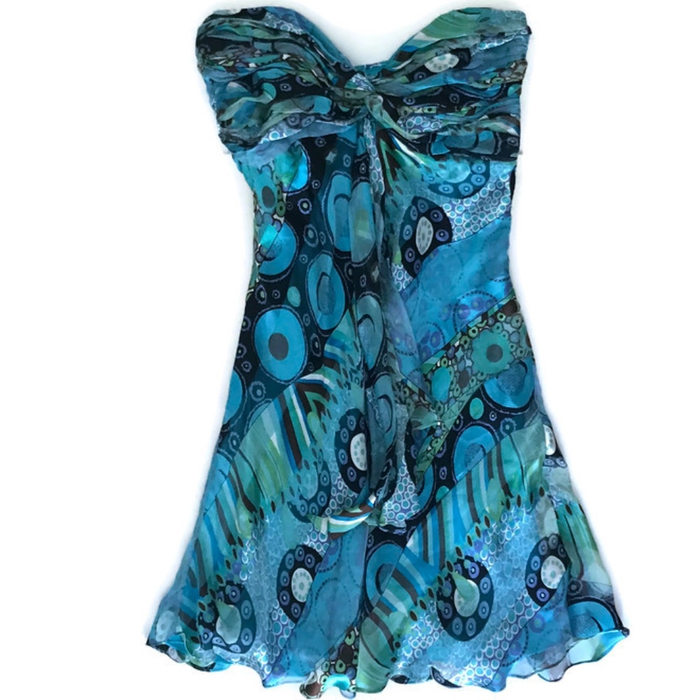Strapless Blue Silk Flare Evening Resort Dress